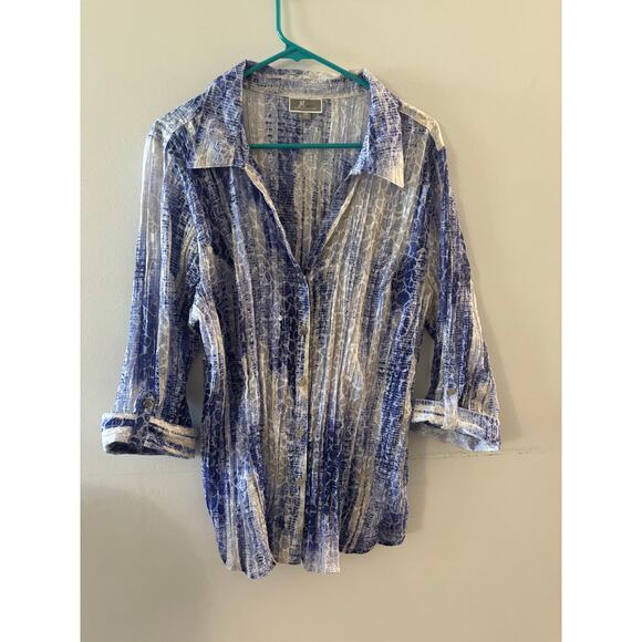 JM Collection Womens Blue Semi Sheer Button Down Size XXL Blue Striped Coastal - Picture 1 of 6